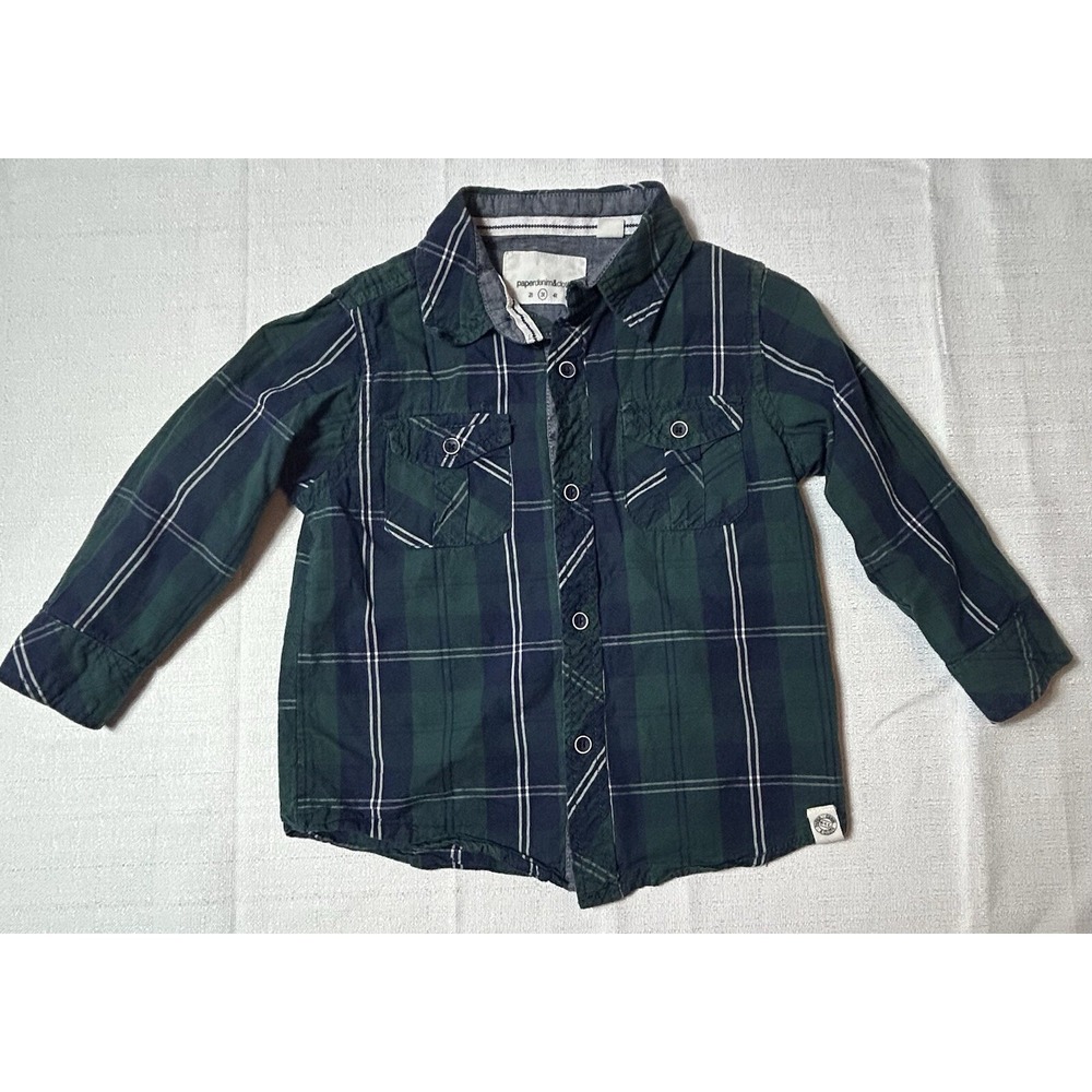 Toddler Boys‎ 3T Paper Denim & Cloth Button Up Shirt Green/blue Plaid
